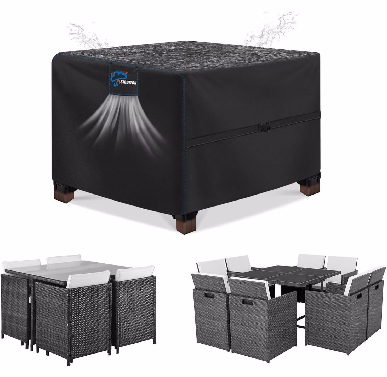 Copertura per mobili da giardino, dimensioni 150 x 90 x 75 cm, in rattan, impermeabile, realizzata in tessuto Oxford 420D. Copertura per tavolo da esterno con fessure di ventilazione, colore nero