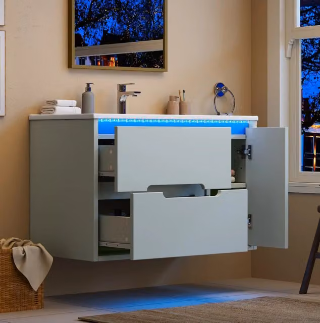 Mobile bagno sospeso 81 cm con lavabo in ceramica, illuminazione LED regolabile e ante effetto onda, verde, senza rubinetto