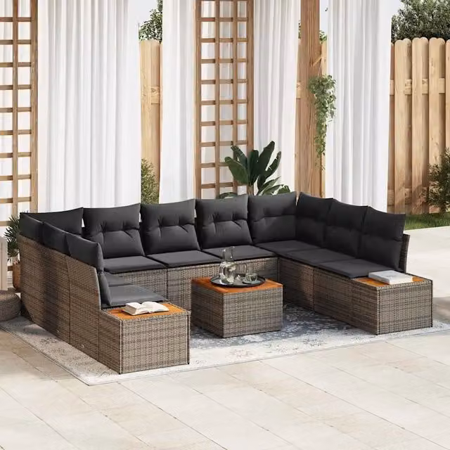 Set Divano da Giardino vidaXL in Polyrattan Grigio con Cuscini per 9 Persone