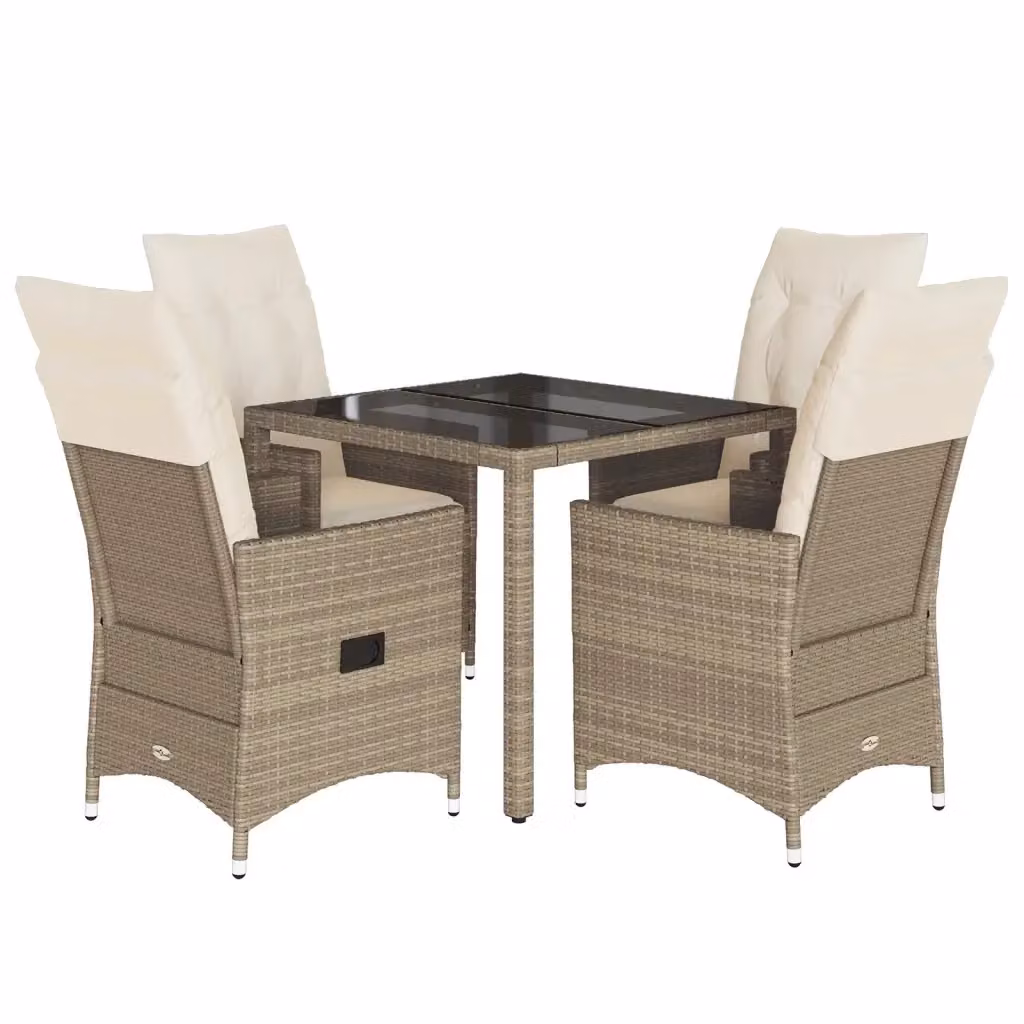 vidaXL Set da Pranzo da Giardino 5 pz in Polyrattan con Cuscini Beige e Tavolo in Vetro – 2