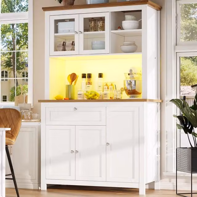Armadio da cucina 104x40x180 cm, credenza alta con vetrina, mensole regolabili, illuminazione LED a colori variabili, bianco