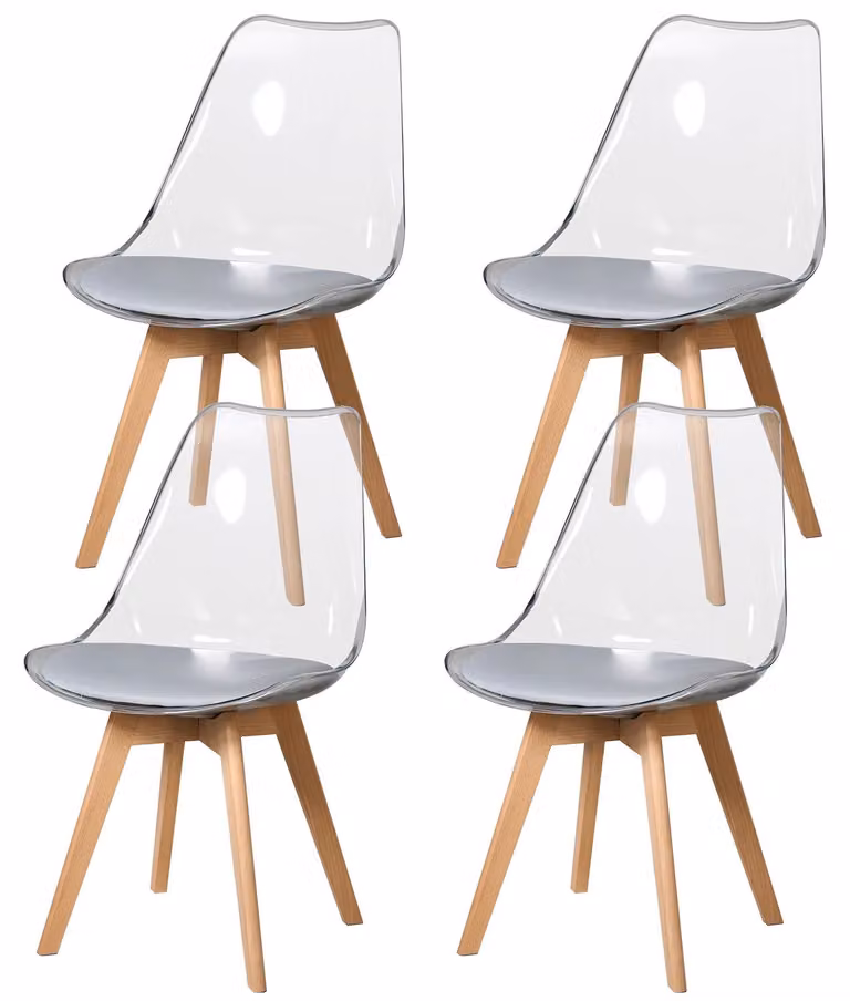Sedie da pranzo - Set da 4 - Acrilico trasparente - Seduta in poliuretano grigio - Gambe in legno di faggio - Seduta imbottita - Stile moderno
