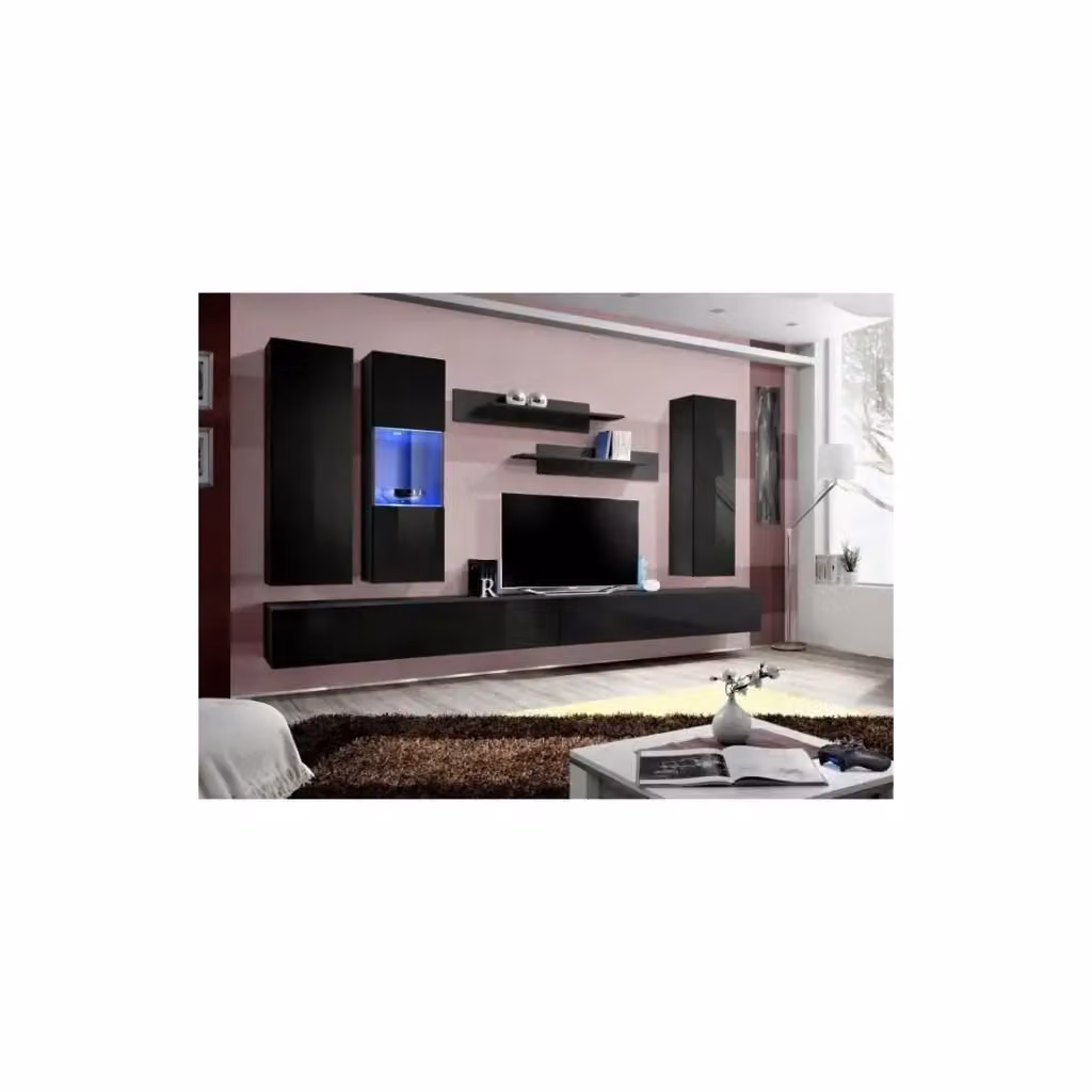Composizione murale FLY E5 Meublorama Nero lucido – Mobile TV sospeso con colonne vetrate LED e mensole – L: 160 cm, H: 40 cm, P: 7 cm – 2
