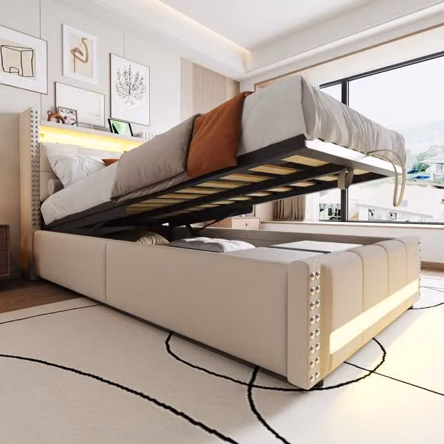Letto singolo imbottito 90x200 cm con contenitore idraulico; LED multicolore; presa USB e testiera con ripiani; beige