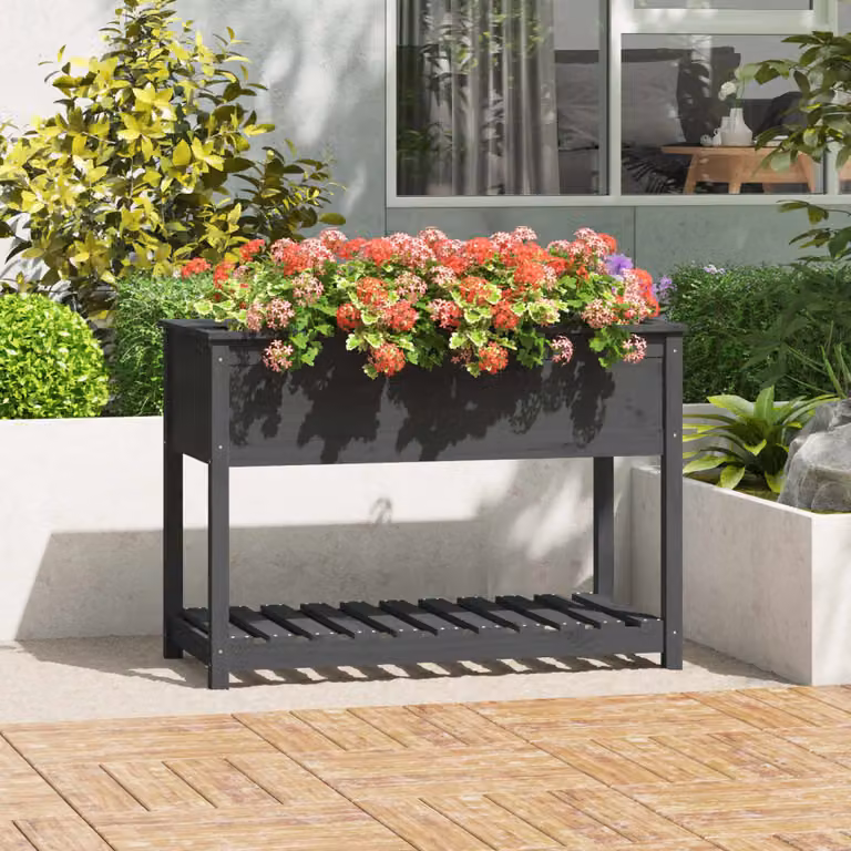 vidaXL Fioriera con Mensola in Legno di Pino Grigio L: 111,5 cm, P: 54 cm, H: 81 cm
