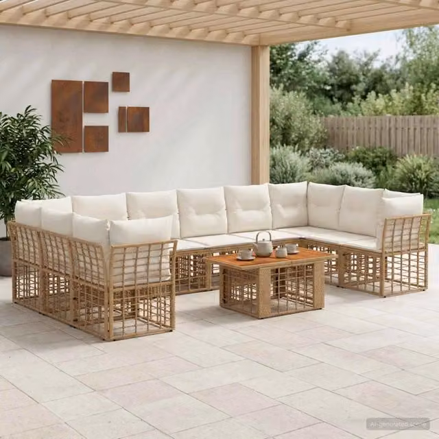 Set Divano da Giardino 11 pz Naturale e Bianco Crema polyrattan 3437904