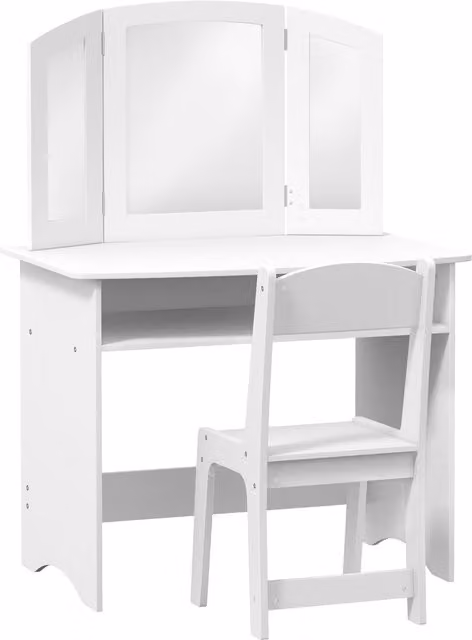 AIYAPLAY Set da Trucco per Bambini con Tavolo Toeletta, Specchio Triplo Rimovibile e Sedia in Legno Bianco – 1