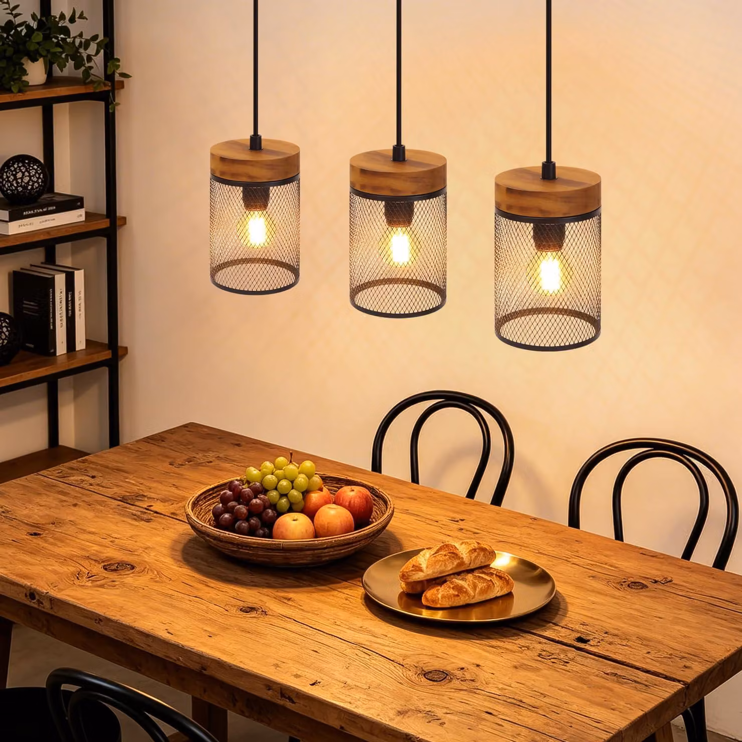 Lampada a sospensione per sala da pranzo in legno nero: lampada vintage con 3 portalampade E14, stile industriale