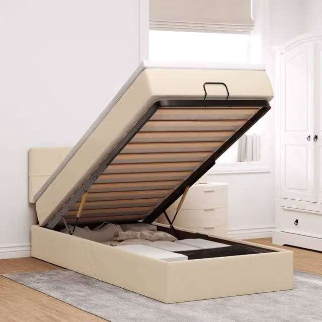 Pouf Letto con Materasso vidaXL in Tessuto Beige e Bianco con Illuminazione LED Sotto il Letto e Porte di Ricarica USB L/P/H: 90 x 200 x 45 cm