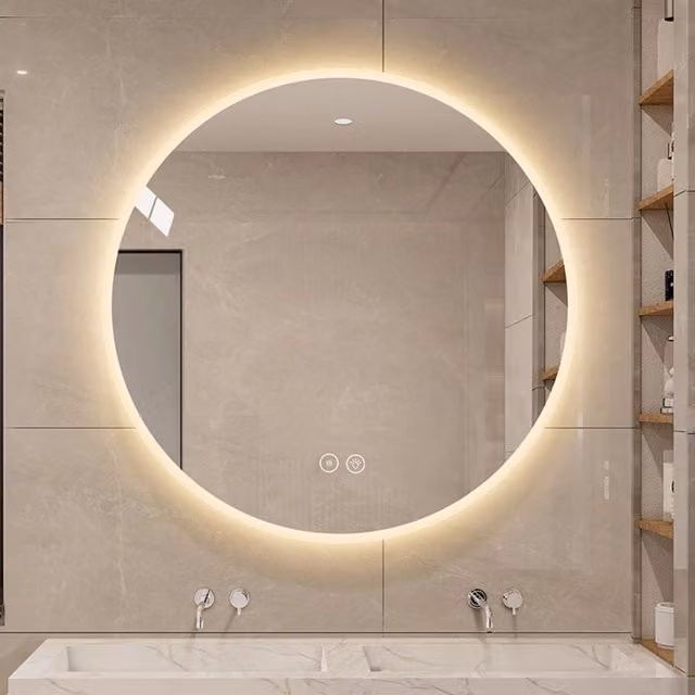 Specchio da bagno rotondo REDOM con luce LED dimmerabile e touch switch, colore silver, diametro: 80 cm – 1