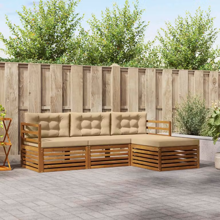 Set di divani da esterno vidaXL a forma di L in legno di acacia con cuscini beige e pouf incluso