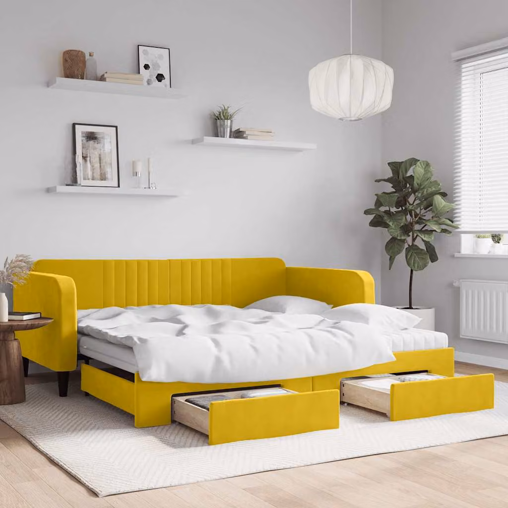 vidaXL Divano Letto Estraibile in Velluto Giallo con Cassetti L: 100 cm, P: 200 cm