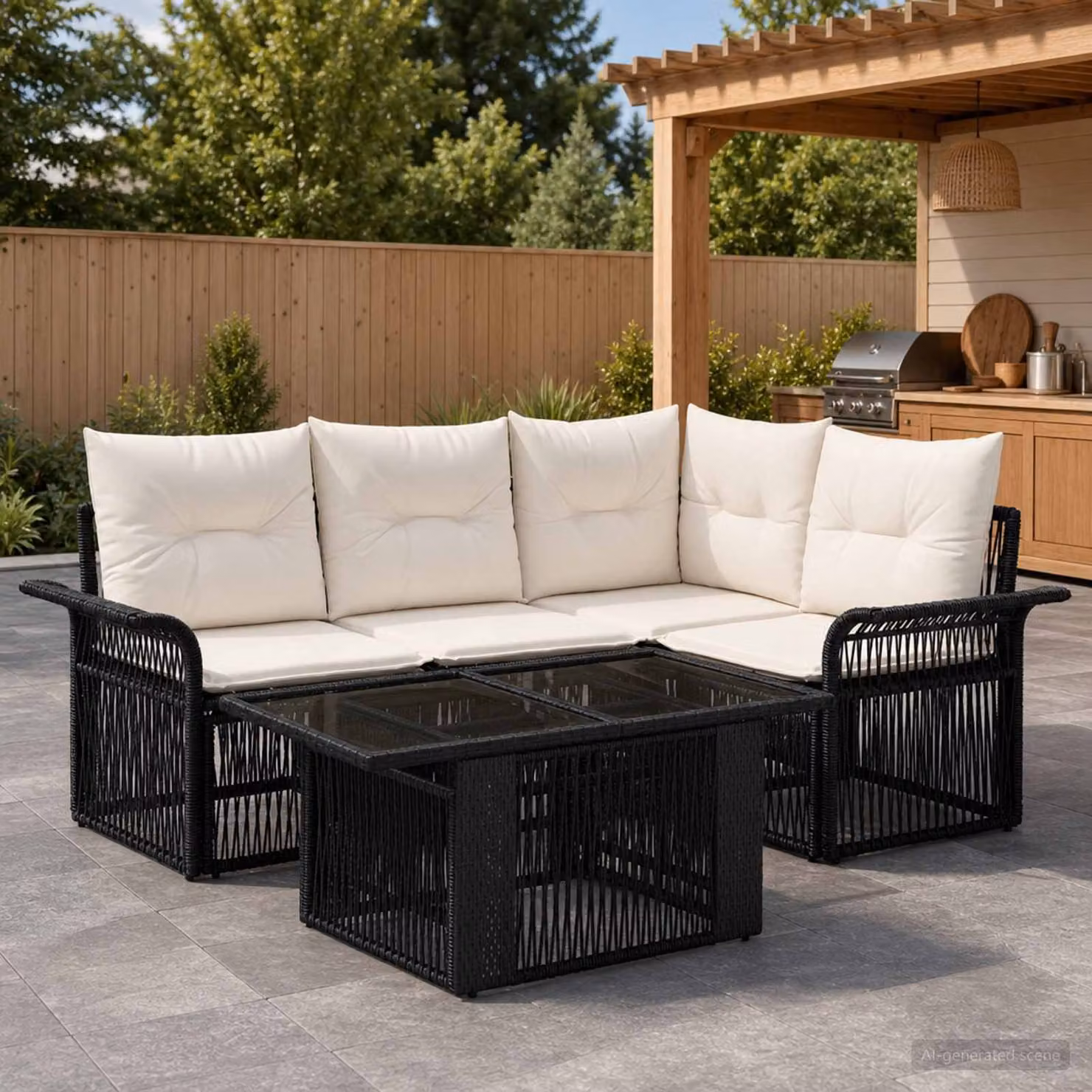 Set Divano da Giardino vidaXL 5 pz in Polyrattan Nero e Bianco Crema con Tavolo in Vetro e Struttura in Metallo