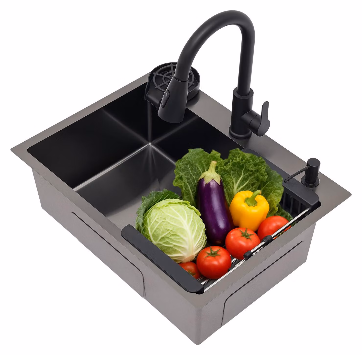 Lavello da cucina nero - Miscelatore estraibile multifunzione - 45x40 cm - Acciaio inossidabile - Vasca singola