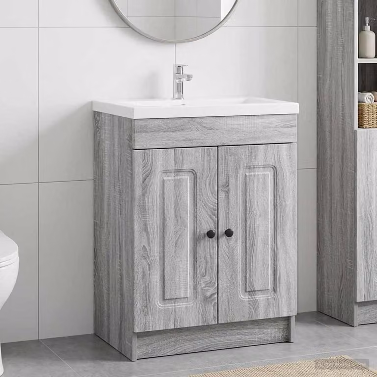 Mobiletto da bagno sotto il lavello vidaXL in stile moderno, colore grigio e nero, con ante a cerniera e ripiani interni, L/P/H: 81,0 x 37,5 x 21,96 cm