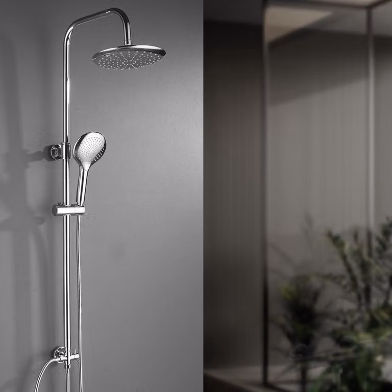 Sistema doccia senza miscelatore, doccia a pioggia da 23 cm di diametro, regolabile in altezza da 79 a 128 cm, con 3 tipi di getto, finitura cromata