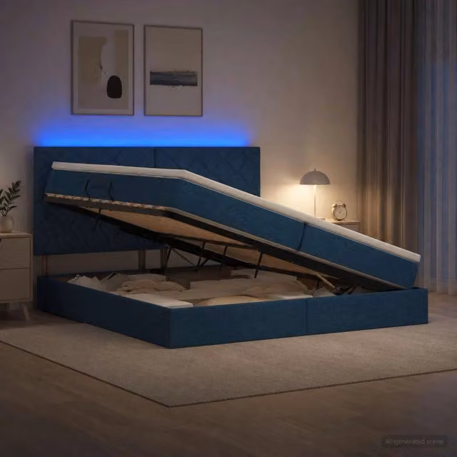Letto con contenitore e illuminazione LED vidaXL, colore blu, con porta USB e materasso, L/P/H: 200 x 200 x 140 cm – 1