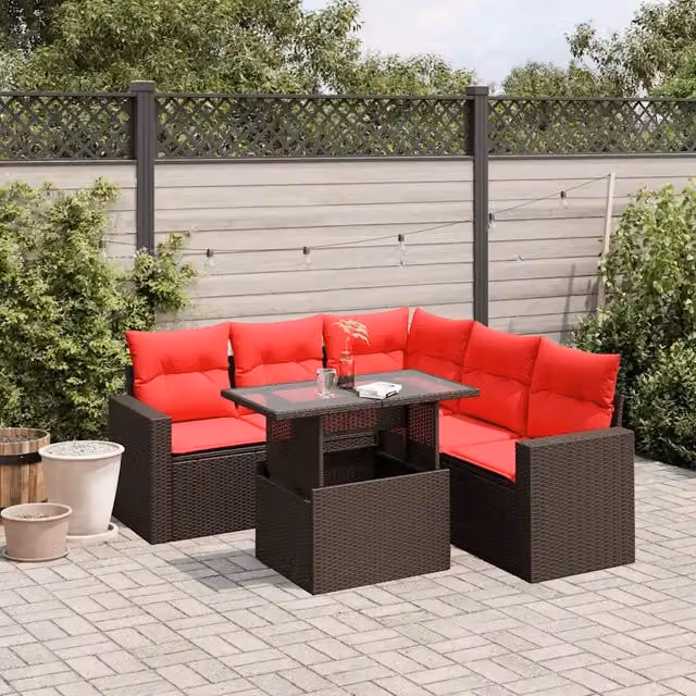 Set da giardino moderno vidaXL composto da 6 pezzi con divani a L, tavolino e cuscini marroni in polyrattan e struttura in metallo