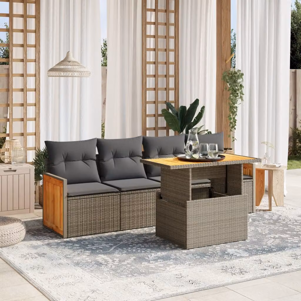 Set Divano da Giardino vidaXL 5 Pezzi in Polyrattan Grigio con Cuscini e Tavolino da Caffè – 1