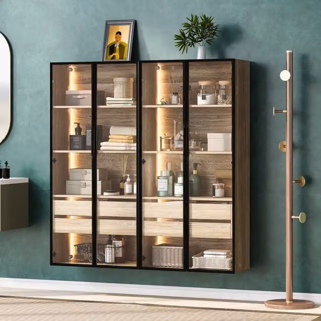 Set di 2 armadietti da bagno con illuminazione LED; ante in vetro satinato; MDF naturale