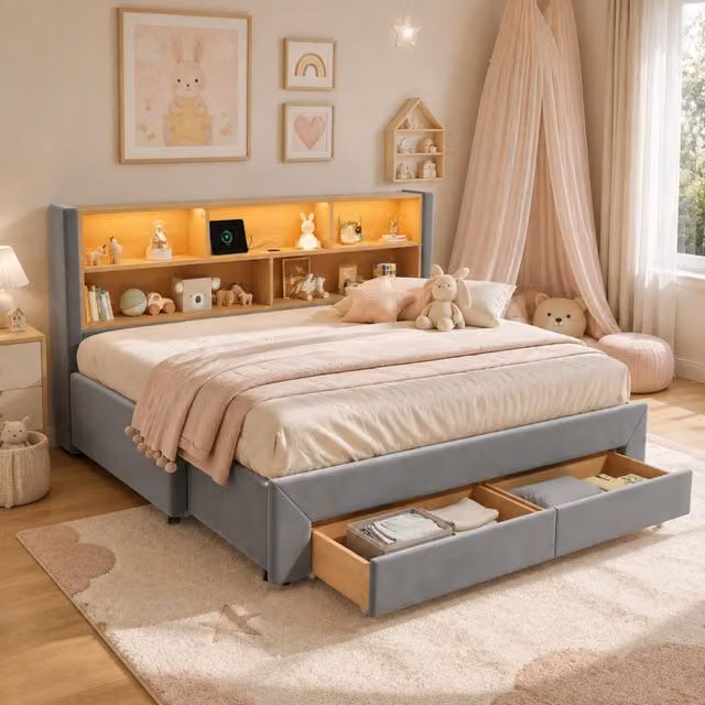 Letto da giorno ULEVR 90x200 cm estensibile a 180x200 cm con 2 cassetti, LED, USB e Type-C, velluto grigio