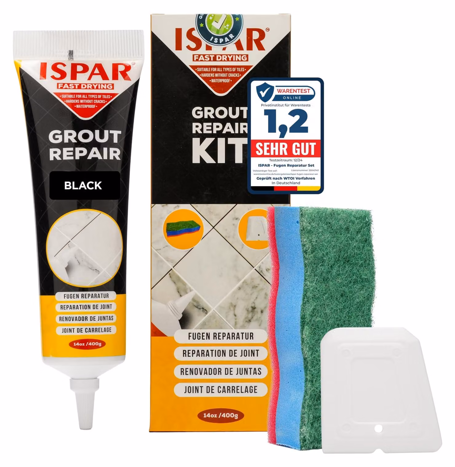 Kit di riparazione per fughe, 400 g, colore nero, per bagni, completo di spatola e spugna
