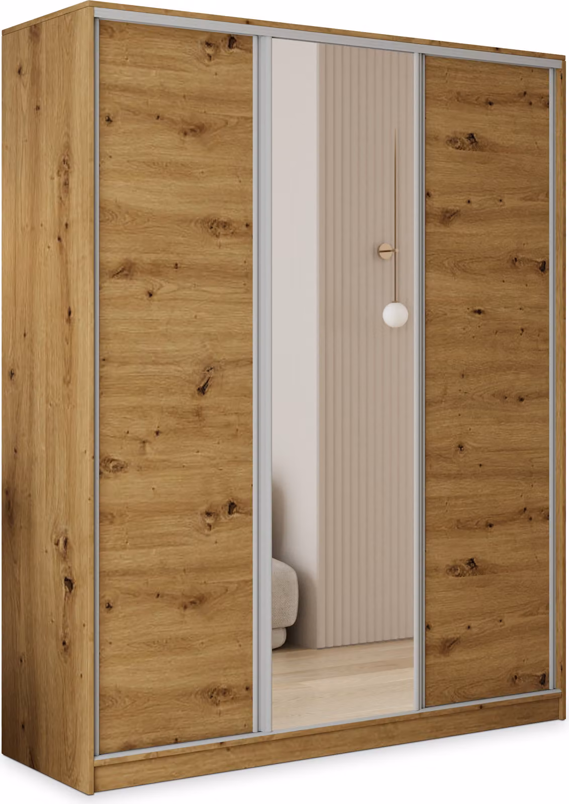 Armadio scorrevole Masseno TARI 160/205/58 cm Armadio con 4 cassetti Armadio per camera da letto a 3 ante con specchio Rovere Artisan