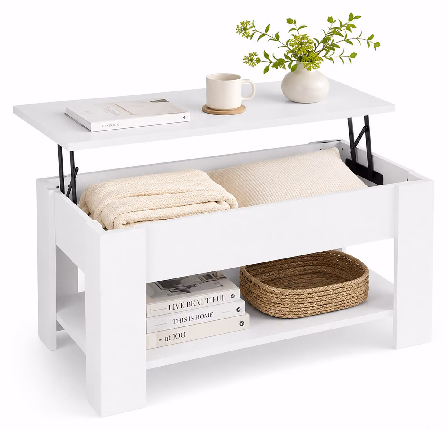 Tavolino da salotto pieghevole Relaxdays, LxPxA: 42x98x50 cm, tavolino da salotto con vano portaoggetti, ripiano aggiuntivo, moderno, bianco