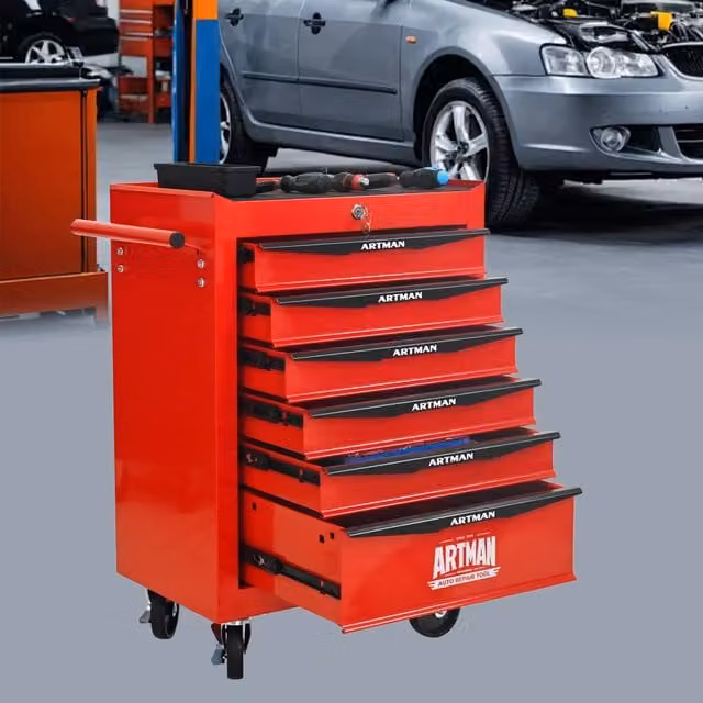 Mobile contenitore OKWISH in acciaio con 6 cassetti, ruote e chiusura a chiave per garage e officina, rosso e nero, L: 60 cm, P: 33 cm, H: 77,5 cm – 1