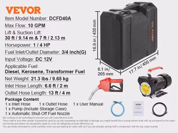 Pompa di trasferimento carburante, portatile a 12 V, spegnimento automatico, 12 V CC 10 GPM 1-4 CV