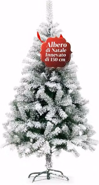 Albero di Natale Innevato Saint Joy con Rami Folti e Base in Metallo, Colore Bianco e Verde