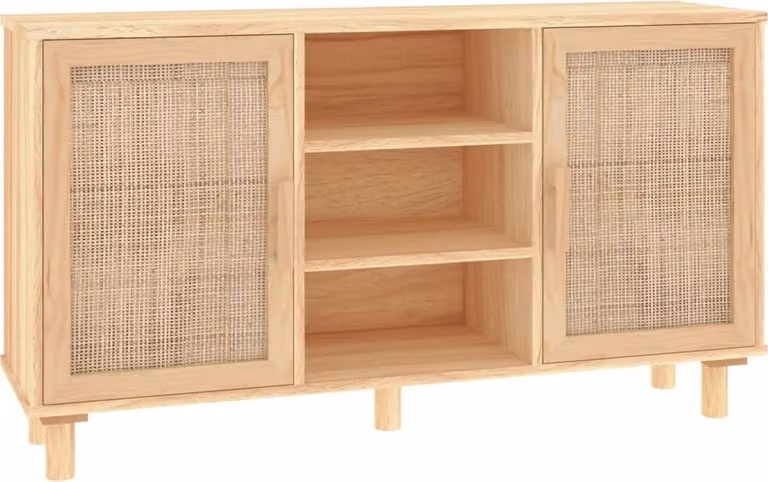 Credenza Marrone 105x30x60cm Massello di Pino e Rattan Naturale
