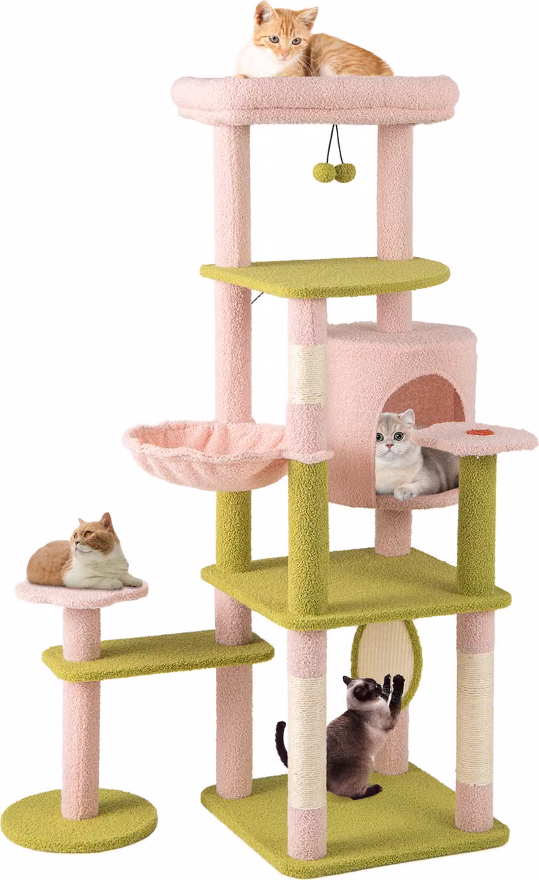 Tiragraffi COSTWAY 148 cm a tema floreale, albero per gatti multipiano con grotta per gatti, palo in sisal, tiragraffi e palla per arrampicarsi in legno, rosa verde
