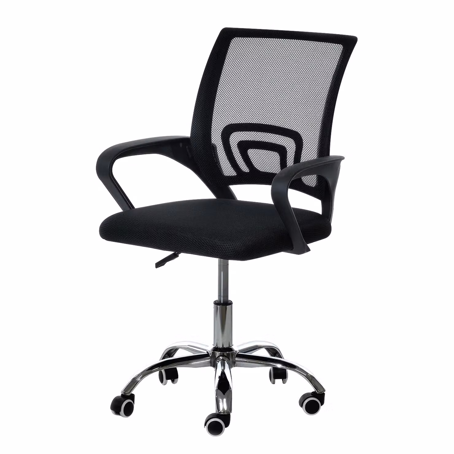 Sedia da ufficio Vestiamo Casa nera con braccioli e ruote, girevole a 360 gradi, H: 96 cm, L: 58 cm, P: 56 cm – 1