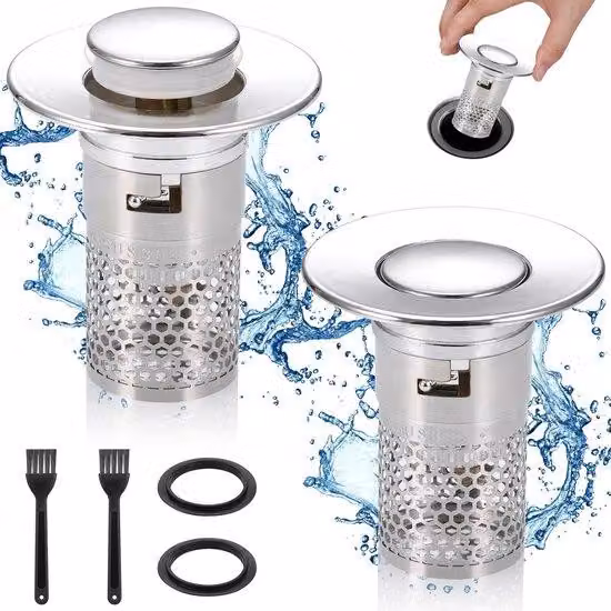 Tappo per scarico a scomparsa, economico, confezione da 2 pezzi, acciaio, diametro 34-40 mm, sistema plug-and-play