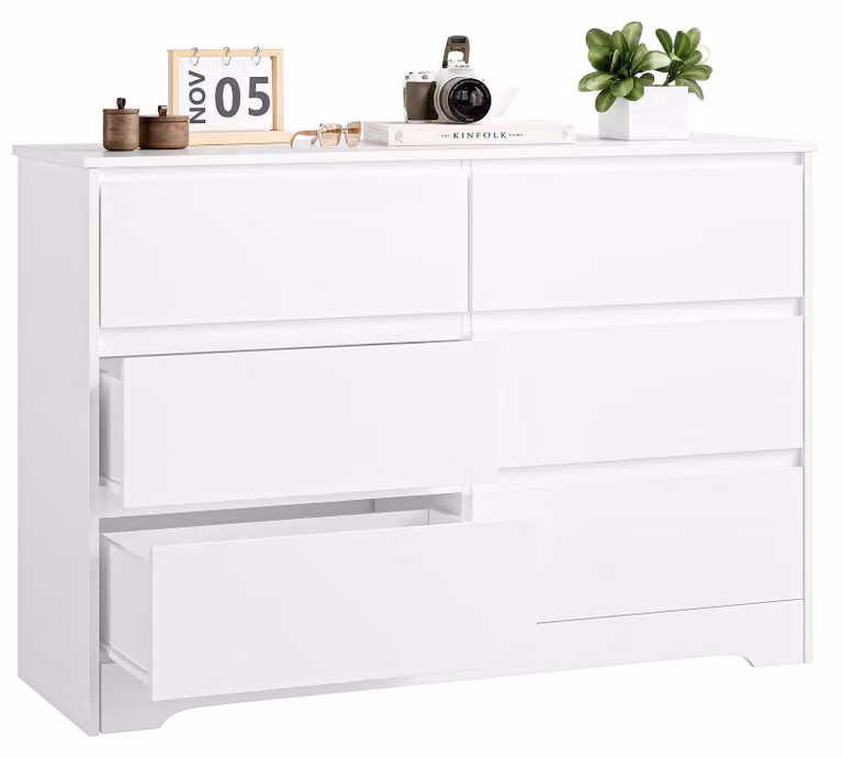 Comò - Comò alto a 6 cassetti - In legno, stile moderno minimalista - Per camera da letto, soggiorno, ingresso - 120x40x82 cm - Bianco