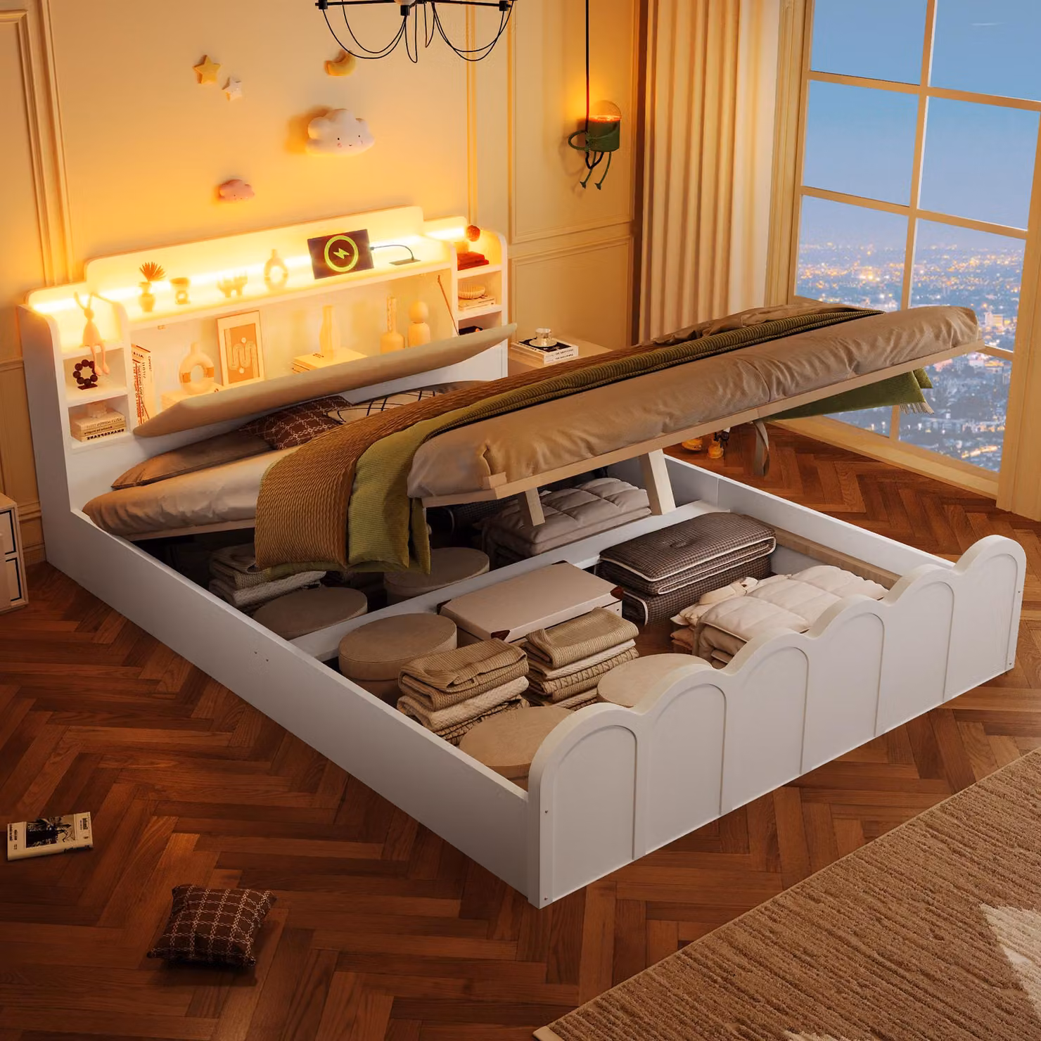MODFU Letto a una piazza per bambini 140x200, con design pieghevole, Letto per bambini con comodino e lampada, Letto contenitore con vano portaoggetti a ribalta, senza materasso, Bianco