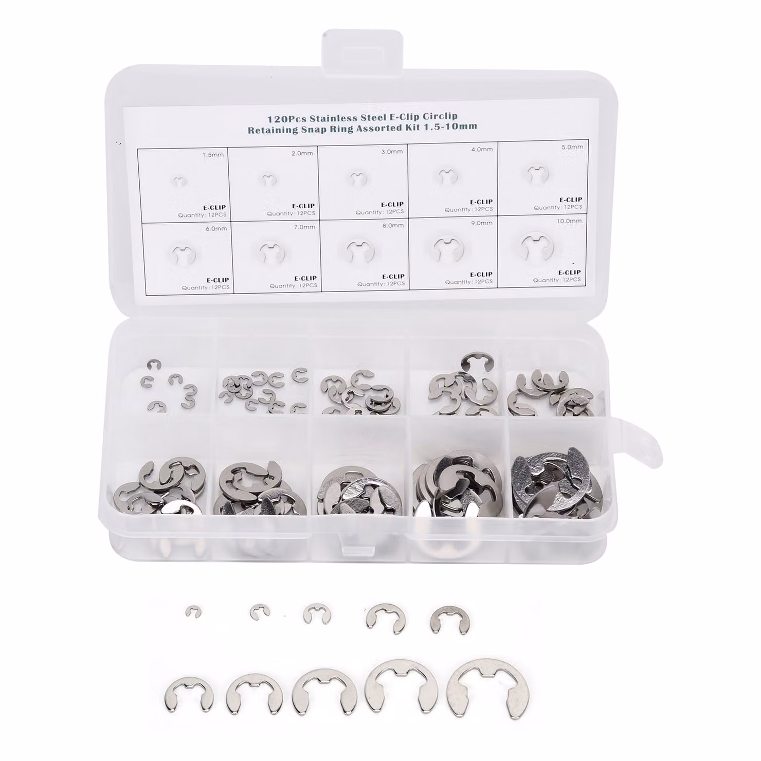 gamma di rondelle E-Clip in acciaio inox da 120 pezzi per anelli di sicurezza esterni, anelli di sicurezza, da 1,5 mm a 10 mm