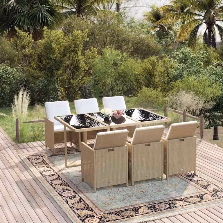 Set da pranzo da giardino vidaXL in polyrattan beige con tavolo in vetro e 7 pezzi