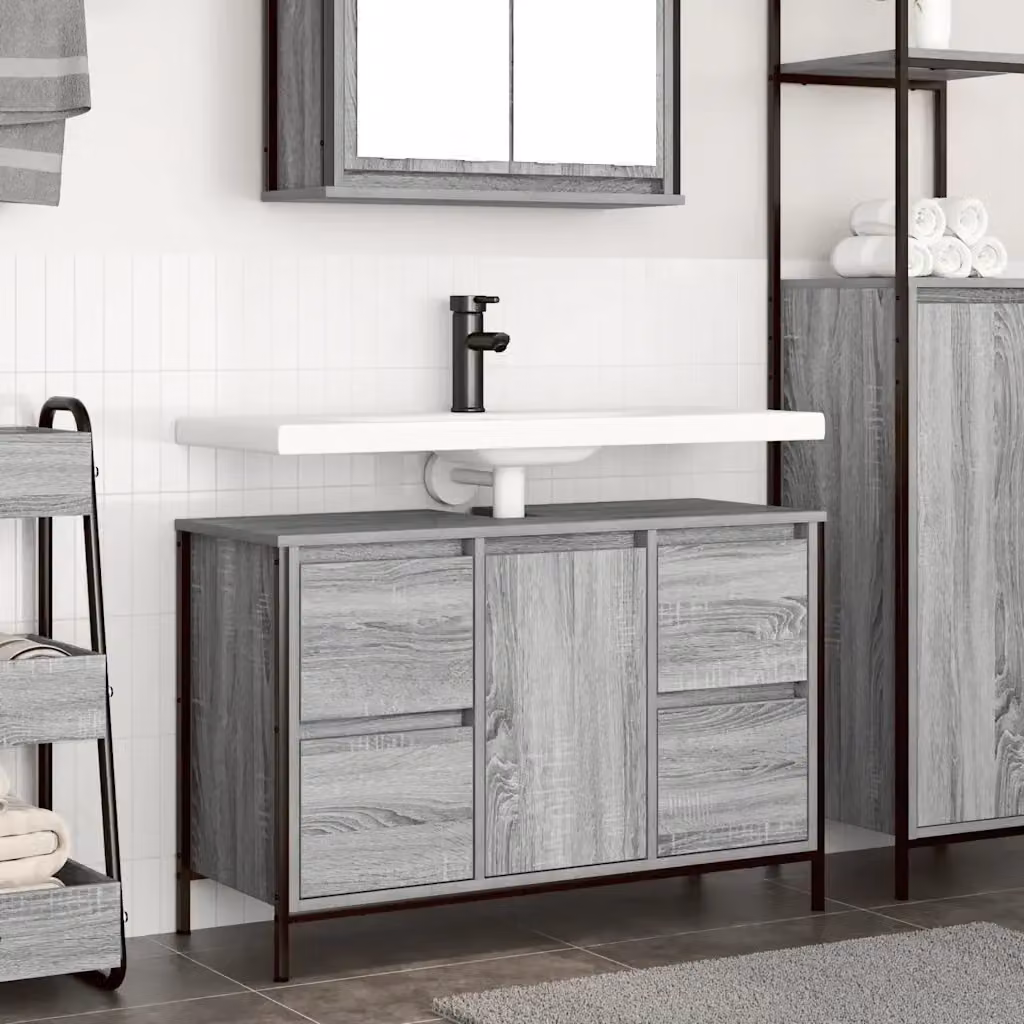 Mobile Lavabo DESIGN IN con Cassetti e Ante, Grigio Sonoma, L: 90 cm, P: 34,5 cm, H: 60 cm – 2