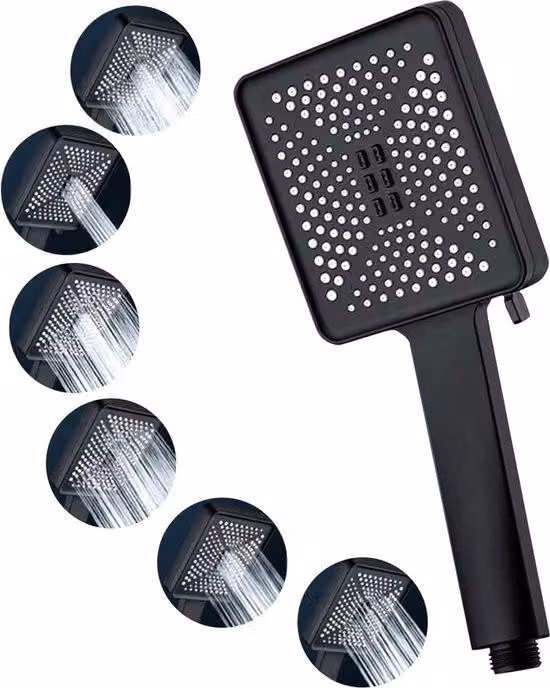 Soffione doccia Luxe a risparmio idrico nero quadrato - 6 modalità di getto - Ugelli ad alta pressione e anticalcare - Facile installazione - Design cromato e durevole - Ideale per un'esperienza termale rinfrescante
