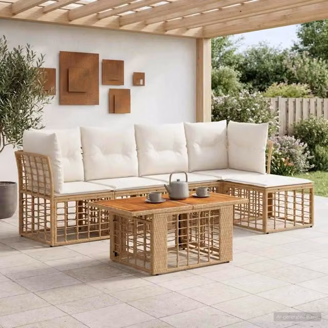 Set Divano da Giardino 6 pz Naturale e Bianco Crema polyrattan 3437860