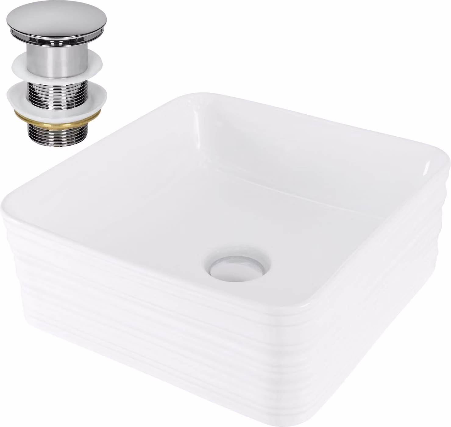 LuxeBath lavabo Lavabo da appoggio quadrato, 39x39x15 cm, bianco, Vetroceramica, incl. set di scarico senza troppopieno