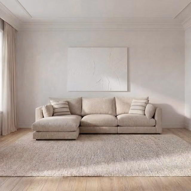 Divano modulare Banak a L 3 posti con pouf beige, reversibile e con coperture rimovibili