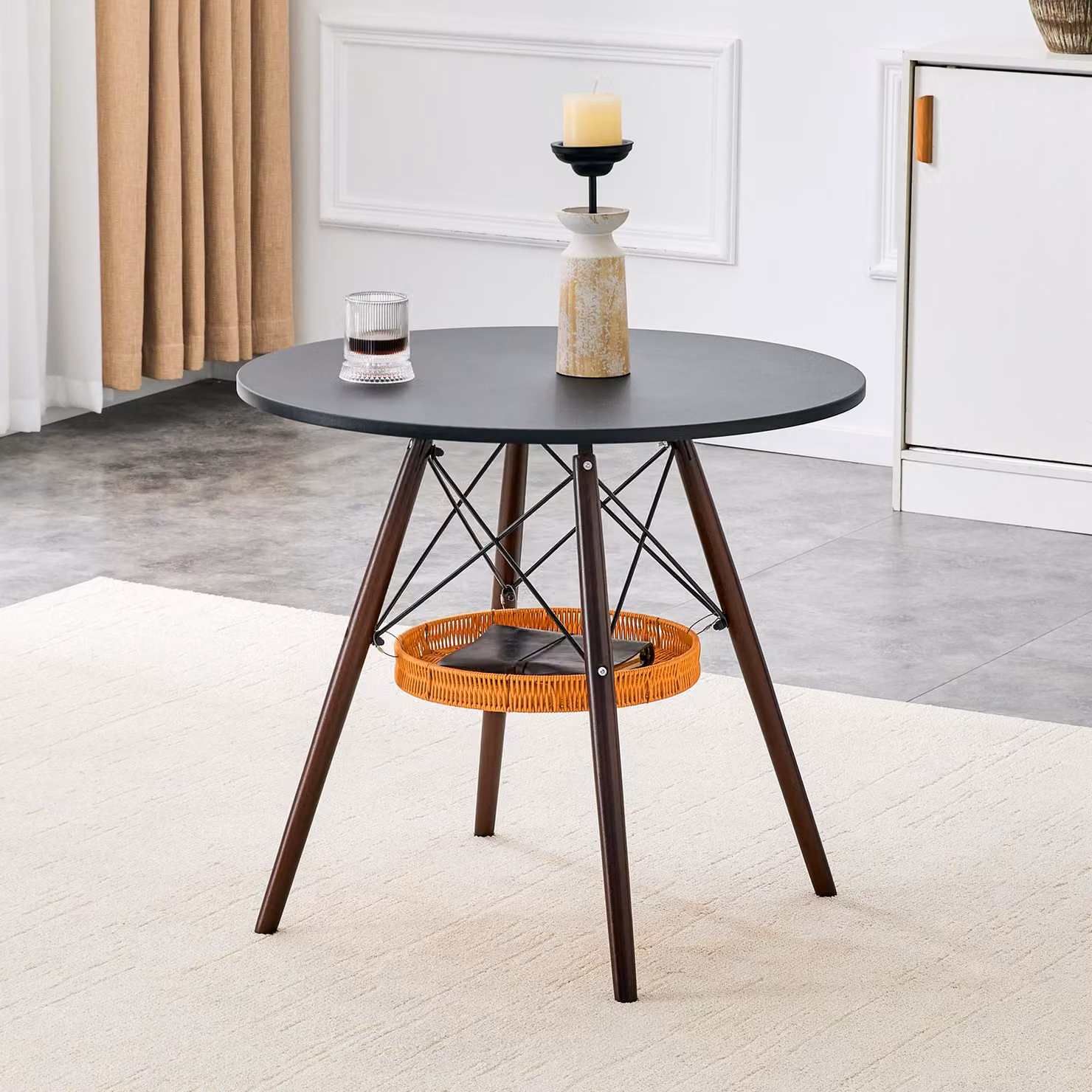 MODFU Tavolo da pranzo con piano rotondo da 80 cm, tavolo da cucina con cestino portaoggetti sospeso e gambe in legno massello color noce, nero