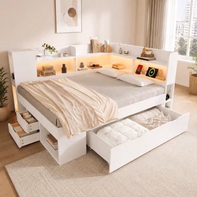 Letto da giorno 140x200 cm bianco con LED, ricarica USB/Type-C, cassetti e ripiani