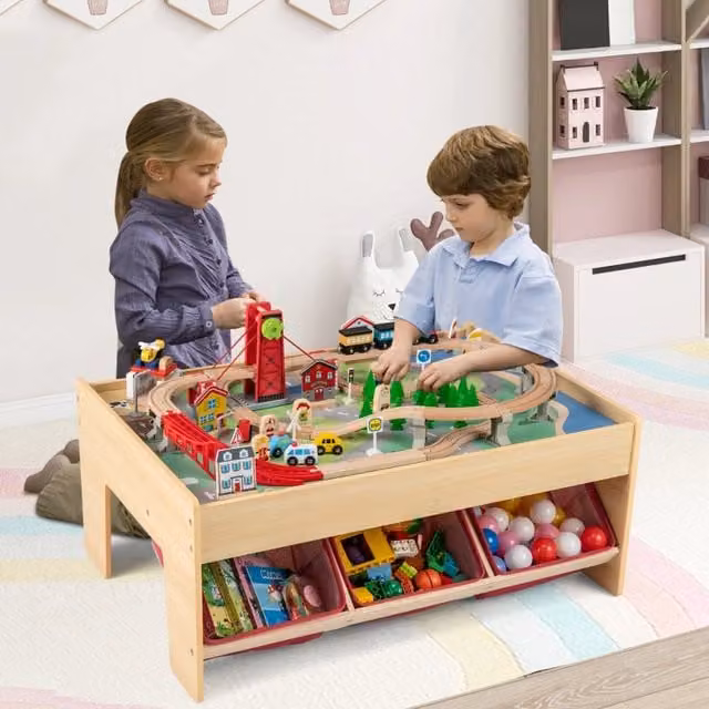 Tavolo da gioco multifunzionale per bambini con 2 superfici reversibili e set di treni in legno, colore marrone e multicolore, pieghevole, L: 94 cm, P: 36 cm, H: 63 cm – 1