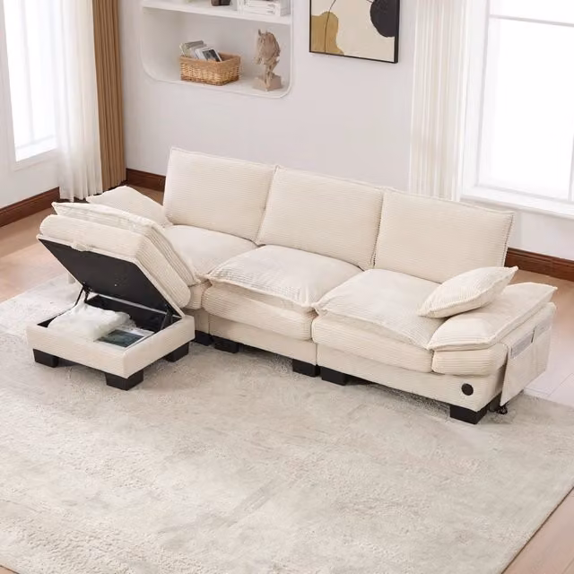 Divano 3 Posti con Poggiapiedi in Tessuto a Coste ¨C MINIMAL ¨C Beige, Cuscini, Braccioli
