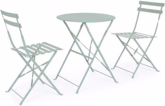 Set tavolo da terrazzo e sedie salvaspazio WISSANT in acciaio verniciato a polvere verde matt