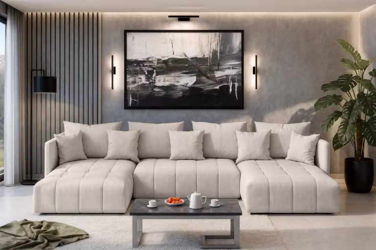 AX LIVING Divano a U beige con funzione letto Veliro U, larghezza 353 cm